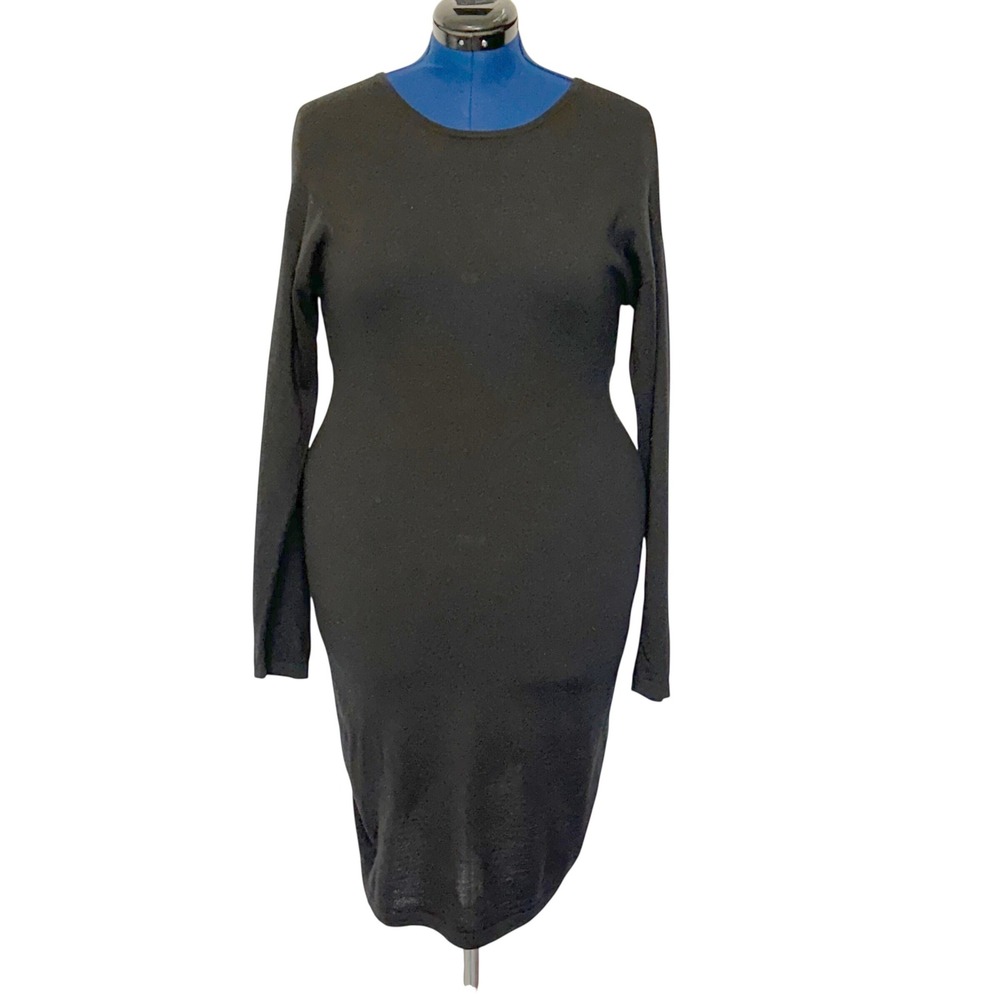 Garnet Hill Black 100% Merino Wool Long Sleeve Crew Neck Sweater Dress Large